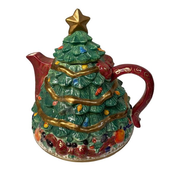 Bella Casa By GANZ Kitchen Christmas Tree Teapot With Gold Star On Top Large 6" - Picture 9 of 15